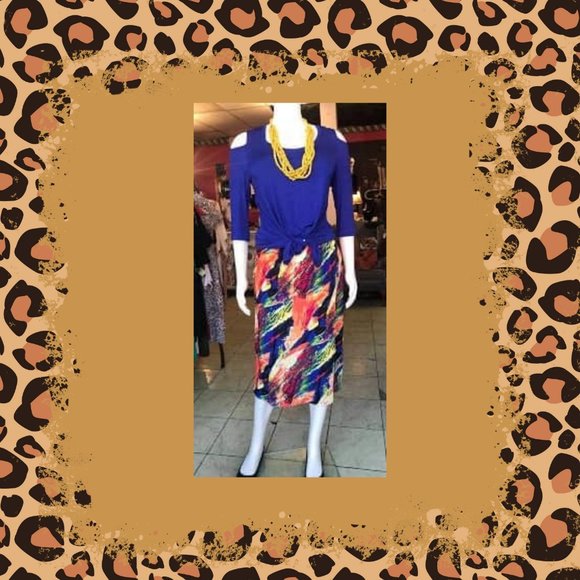 Plus Size, Multi Color  orange, royal blue, yellow, abstract,  Knee length skirt - Picture 1 of 2